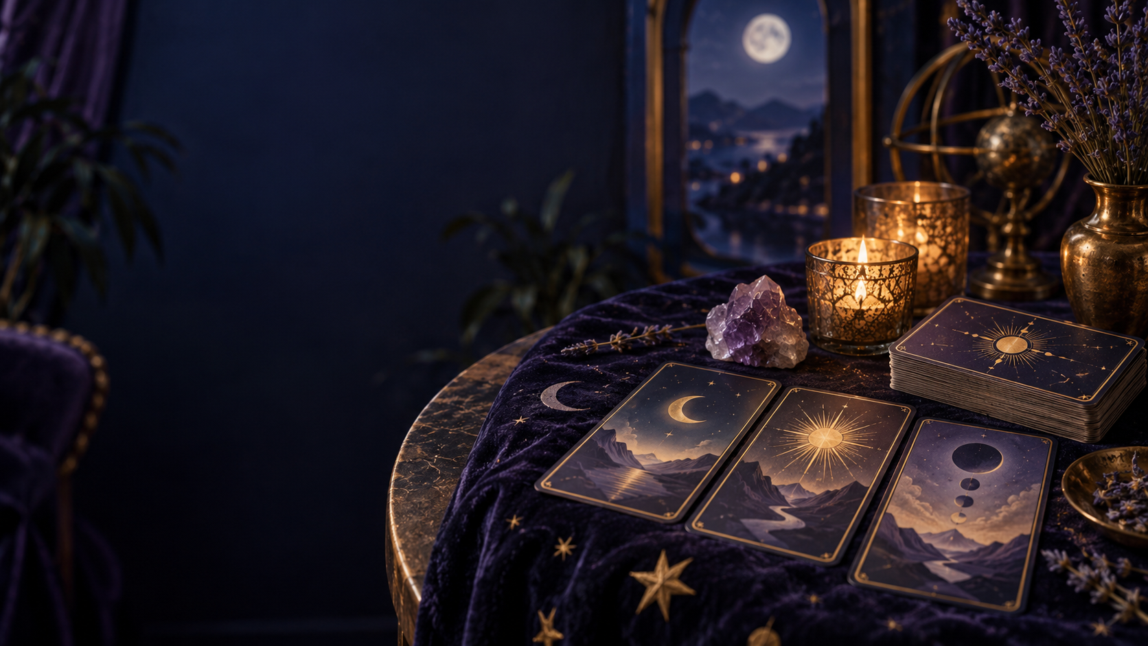 Mesa elegante preparada para uma leitura de tarô